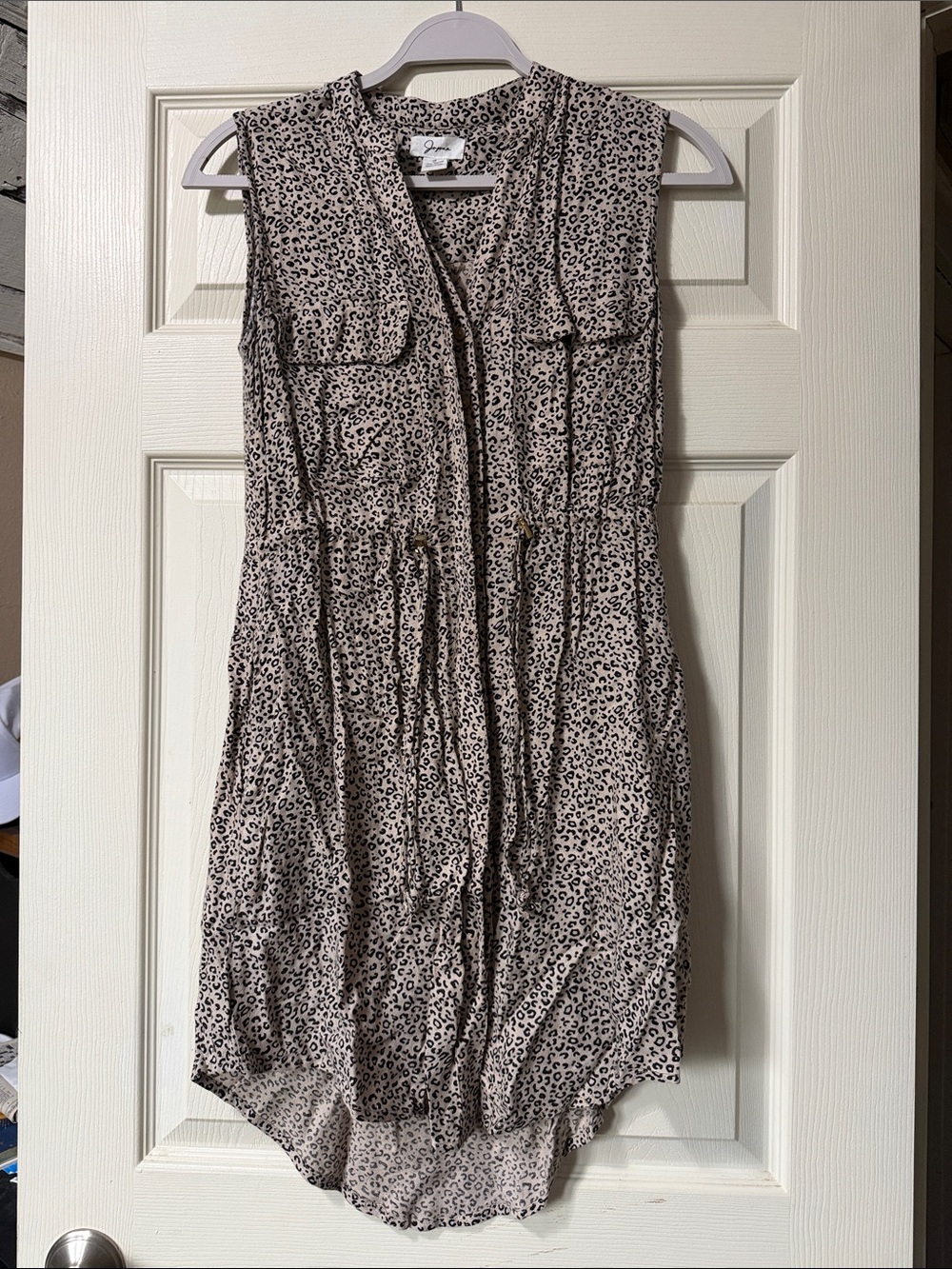 Taupe and Black Leopard-Print Sleeveless Drawstring Midi Dress